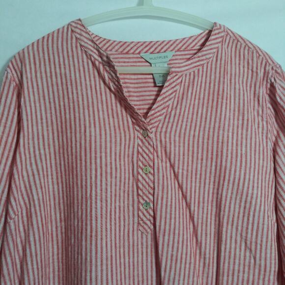 Multiples Linen Blend Striped Print Band Collar 3/4 Roll-Tab Sleeve Top Size L - Picture 2 of 5